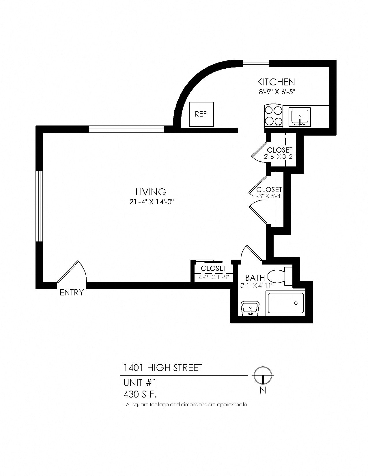 Floor plan for studio, 1 bath, 400 sqft
